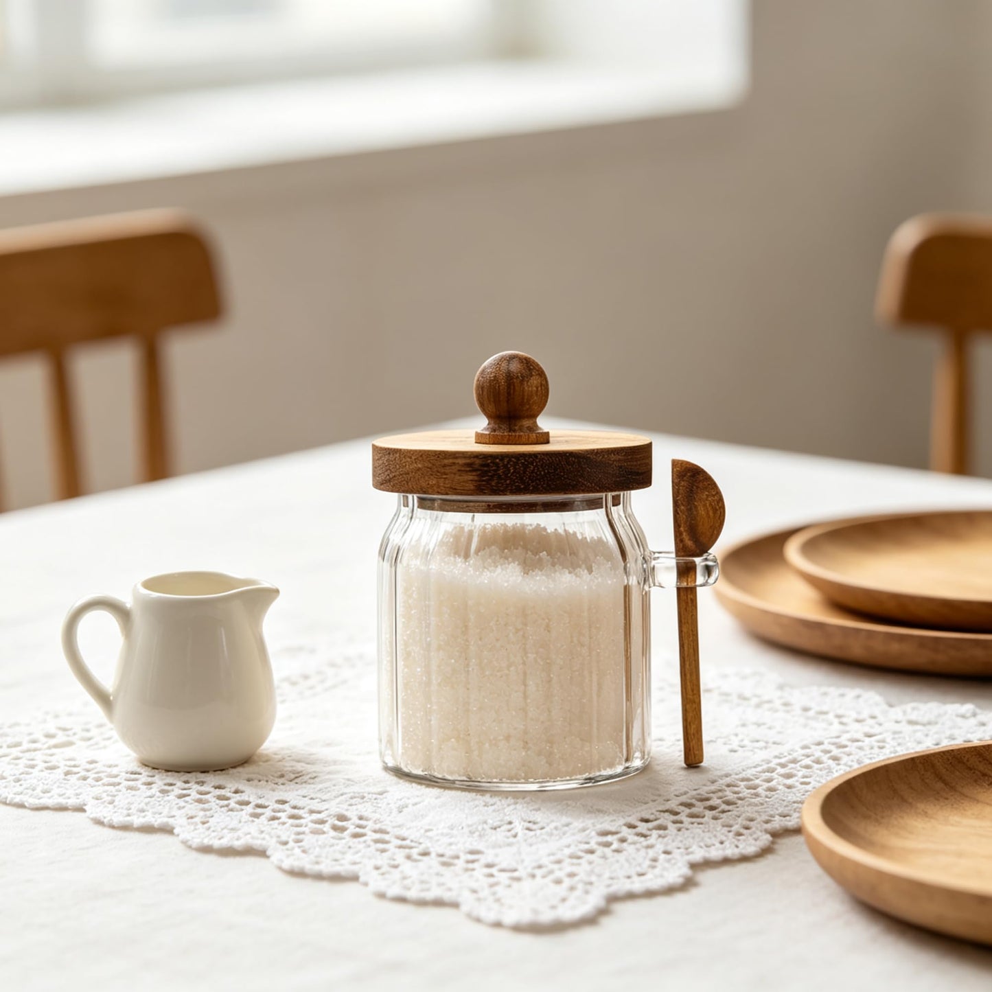 Steviieden Vintage Glass Jar Sugar Container with Wooden Spoon Lid, 14 FL OZ Airtight Glass Jar for Coffee Cereal Candy Nuts Salts Coffee Tea Spice
