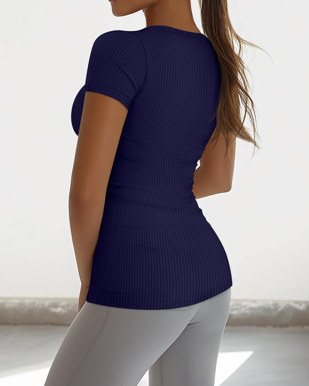 Ficerd 3 Pack Women's Short Sleeve T Shirts, Crew Neck Ribbed Knit Tops for Summer Casual Solid Tee Slim Fitted Basic Shirts(Black, Navy Blue, Fuchsia,X-Large)