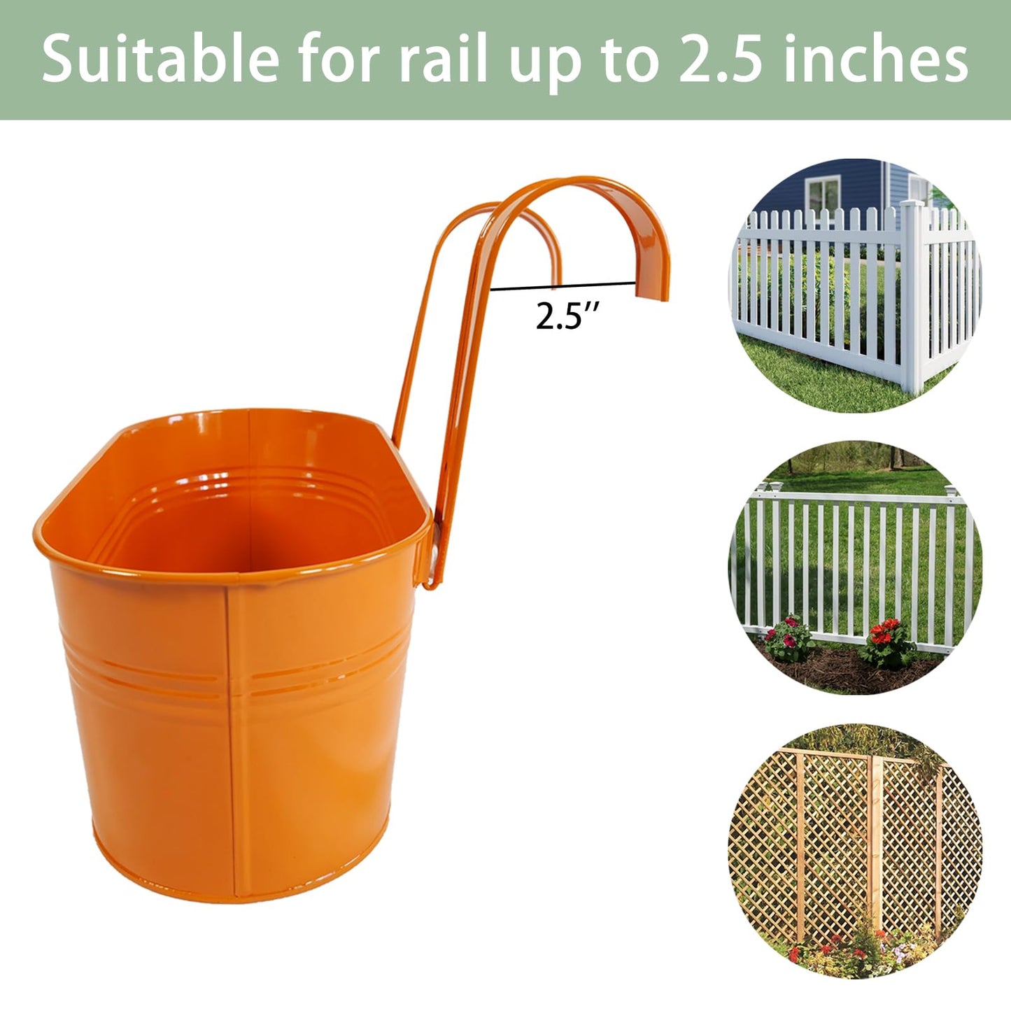 Joyfernal 6 Pcs Railing Planter, 10" Metal Hanging Flower Pots for Outdoor Balcony Rails, Fence Pot Hanging Plant Holders with Detachable Hooks for Garden Patio Yard Decor (9.8", Pack of 6)
