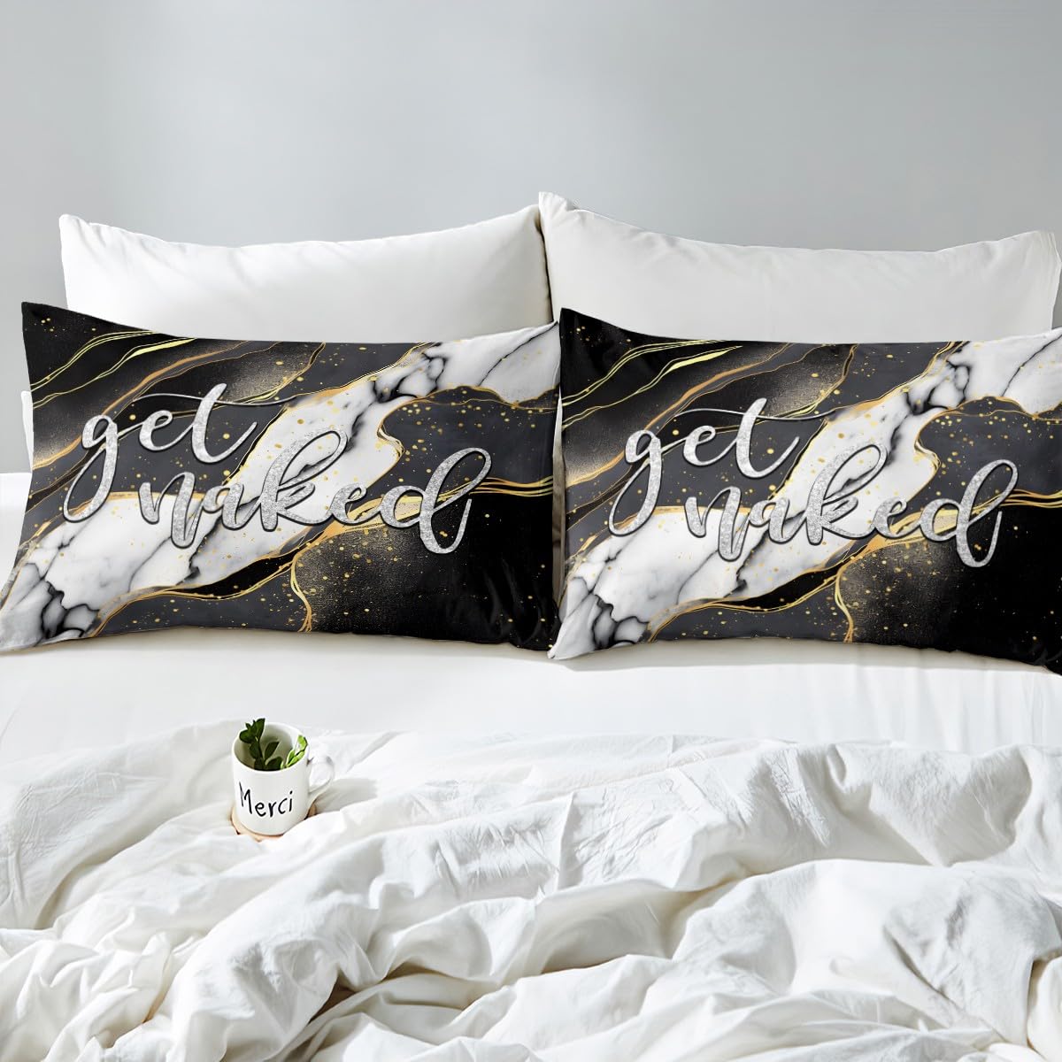 Get Naked Bedding Duvet Cover Set Kids Marble Bedding Set Grey Black White Gold Comforter Cover Set for Boys Girls Women Men Bedroom Decor Funny Quote Modern Bed Set King Size 3Pcs (No Comforter)