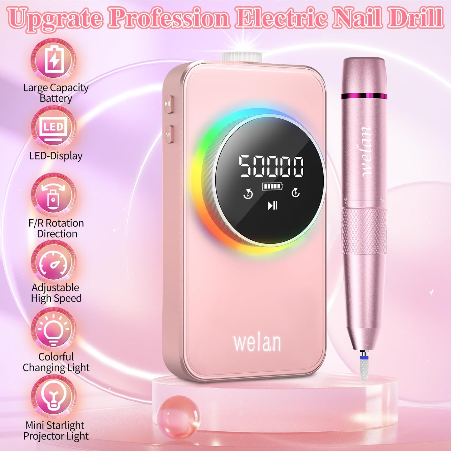 Electric Nail Drill Professional, 50000RPM Electric Nail File Portable Nail Drill Kit 6000mAh Rechargeable Machine for Acrylic Gel Nail, Manicure Pedicure Polishing Nail for Salon Home Purple