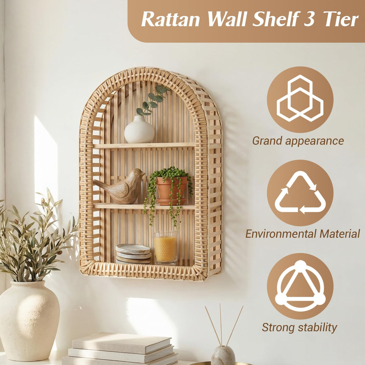 Pinkunn 20'' x 12'' 3 Tier Rattan Wall Shelf Boho Arch Hanging Shelves Arched Wall Mounted Wicker Shelf Decorative Farmhouse Handcraft Floating Storage Display Rack for Bathroom Living Room Decor