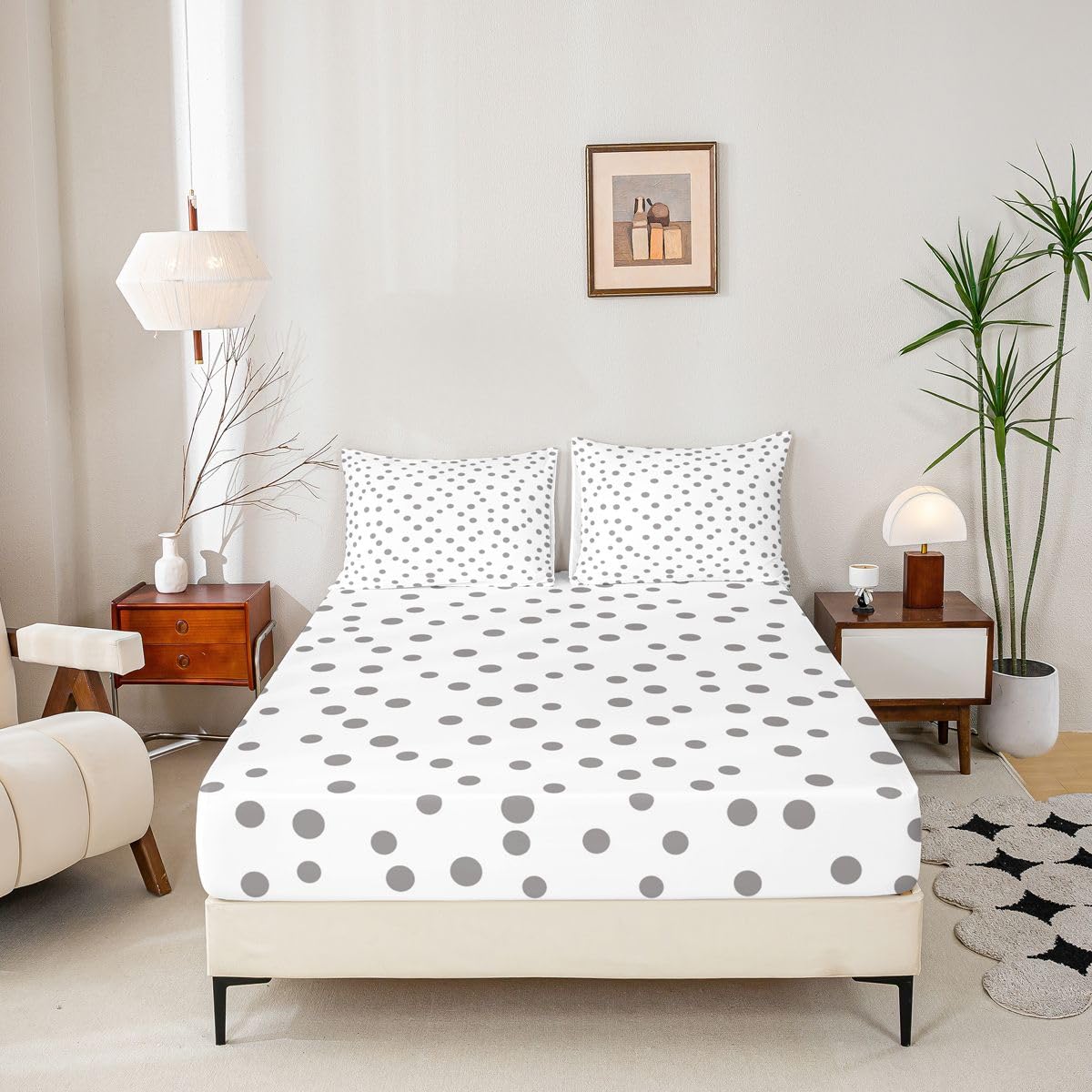 jejeloiu Polka Dots Fitted Sheet with 2 Pillowcases Full Size White Gray Bed Sheets Set 16" Deep Pocket Boys Girls Circles Geometric Bedding Modern Simple Teens Bedroom Decor Breathable Soft