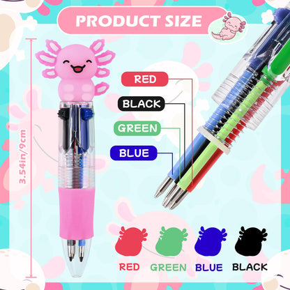 LiYiQ 50 Pcs Axolotl Party Favor Multicolor Pen in One Cartoon Cute Fun 4-in-1 Cute Pens Bulk Kawaii Axolotl Ballpoint Pens for Fun Gifts