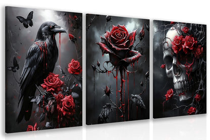 Hianan Horror Gothic Canvas Wall Art, Romance Raven Rose Halloween Wall Decor, Bloodthirst Goth Crow Rose Poster Prints, Dark Goth Skull Aesthetic Pictures for Bathroom Living Room Framed 12"x16"x3