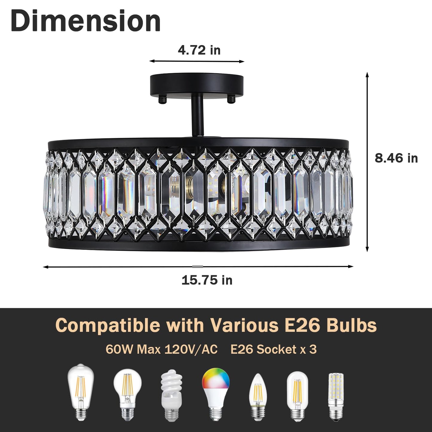 16" Black Crystal Ceiling Light, 3-Light Modern Semi Flush Mount Ceiling Light Fixture, Round Crystal Chandelier for Dining Room Bedroom Living Room Kitchen Hallway, E26 Sockets