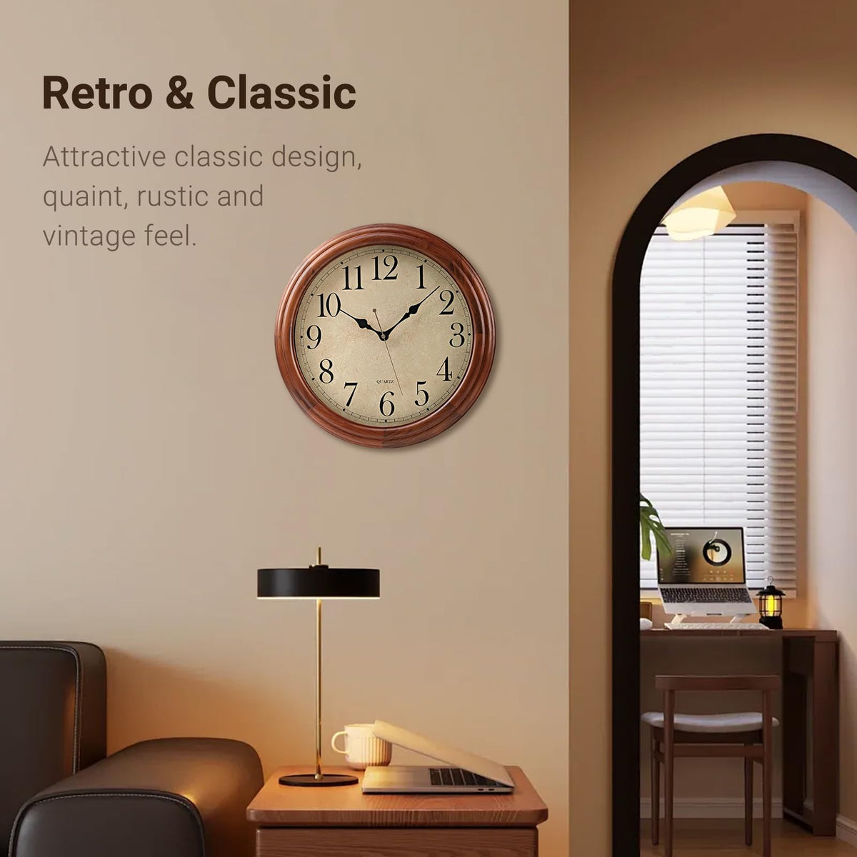 Auafanzy 16 Inches Wooden Wall Clock with Retro Design, Large Round Wood Wall Clock with Big Arabic Numerals, Battery Operated Silent Non-Ticking Brown Clock for Living Room, Kitchen, Bedroom.