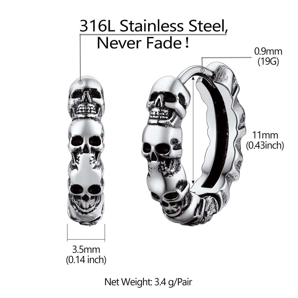 Richsteel 316L Stainless Steel Skull Earrings - Gothic Huggie Hoops for Men & Women, Dark Jewelry Statement Earrings