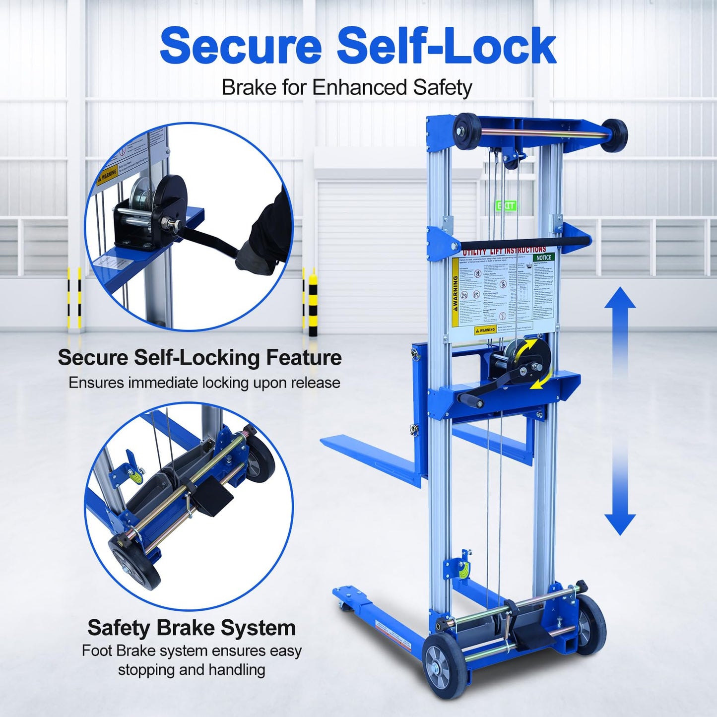 EPOFIT Material Lift Winch Stacker, 400 lbs Capacity, 122" Max Raised Height, Fixed Straddle Hand Winch Lift Trucks for Warehouse, Factory, Library, 34.60" L x 24.80" W