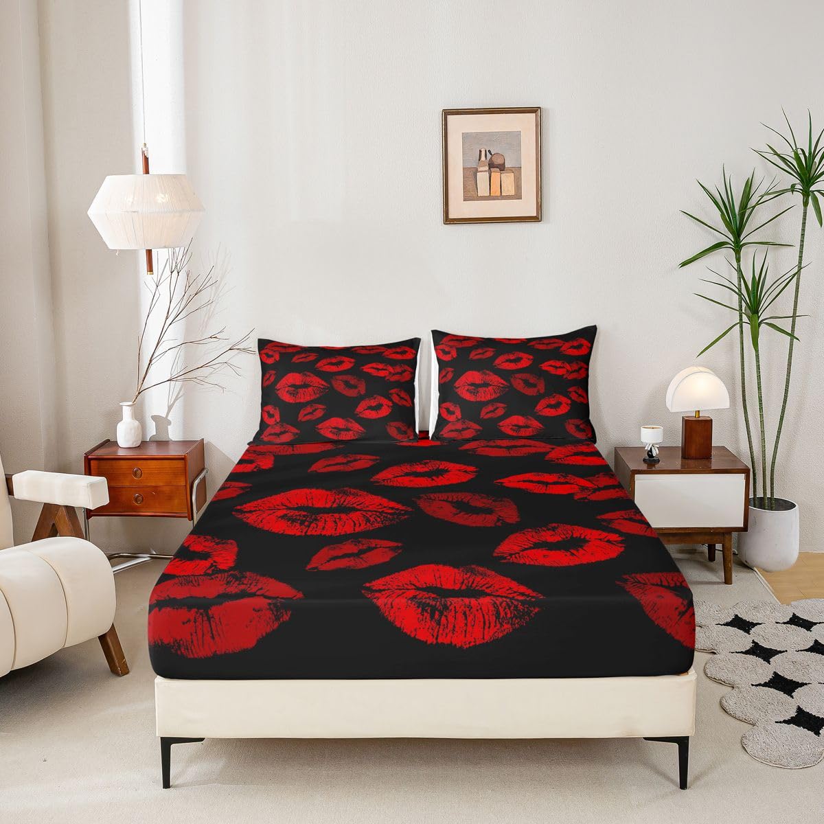 Feelyou Lips Fitted Sheet Full Size for Kids Boys Girls Kissing Lips Bed Sheets Set 16" Deep Pocket Soft Breathable Microfiber Romantic Bedding with 2 Pillowcases Room Decor