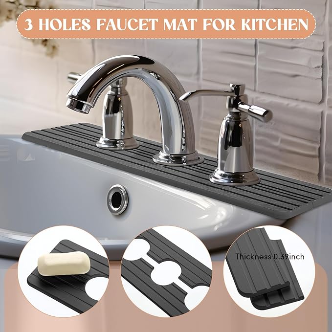 3 Hole Gray Faucet Mat for Kitchen Sink Bathroom 15.94" x 4.92" Kitchen Faucet