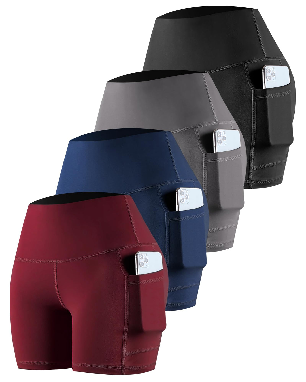 CHRLEISURE Womens Biker Yoga Shorts with Pockets: High Waisted Tummy Control Spandex Workout Athletic Gym Shorts 4 Packs(5'' Black,Gray,Navy,Wine, M)