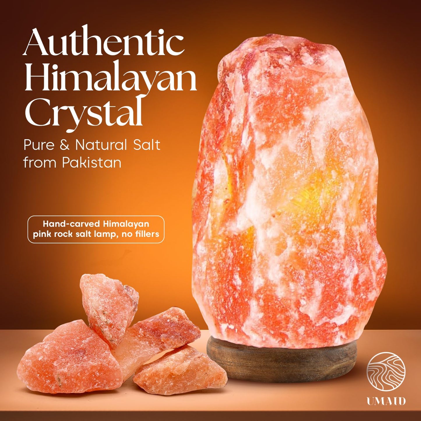UMAID Himalayan Salt Lamp 8–10"(7–11 lb) Dimmable Pink Rock Salt Lamp with Wooden Base & Night Light Bulb, Spa Decor for Meditation Room, Massage Stones Ambiance, Desk & Bedroom,Gifts for Men & Women