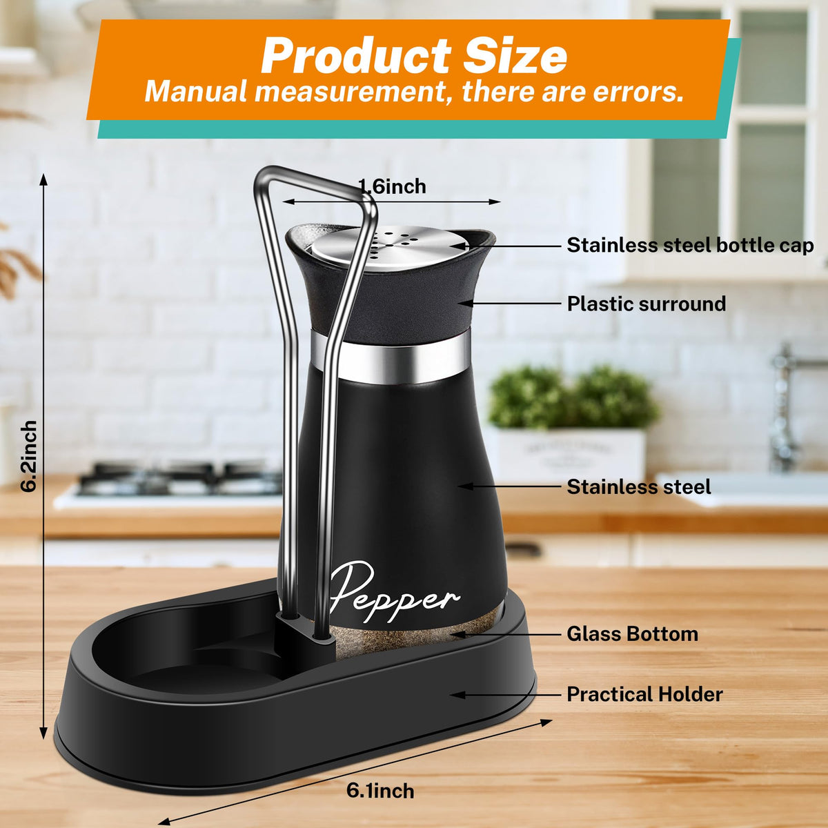 Black Salt and Pepper Shakers Set with Holder,4 oz kitchen accessories and decor for Restaurant, Wedding, Housewarming Gifts Refillable Design (Black)