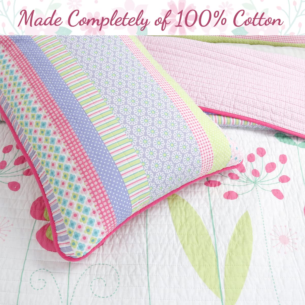Cozy Line Home Fashions Pink Lavender Green Floral Print Girl 100% Cotton Reversible Quilt Bedding Set, Coverlet, Bedspread (Blossom, Queen - 3 Piece)