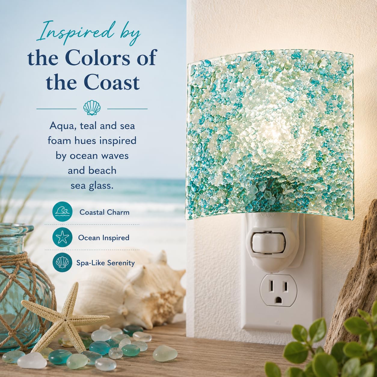 J Devlin Aqua Crushed Glass Night Light, Coastal Decor