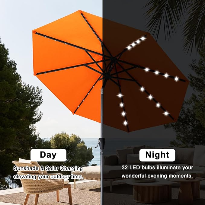 ABCCANOPY Durable Solar Led Patio Umbrellas with 32LED Lights 11FT (Orange)