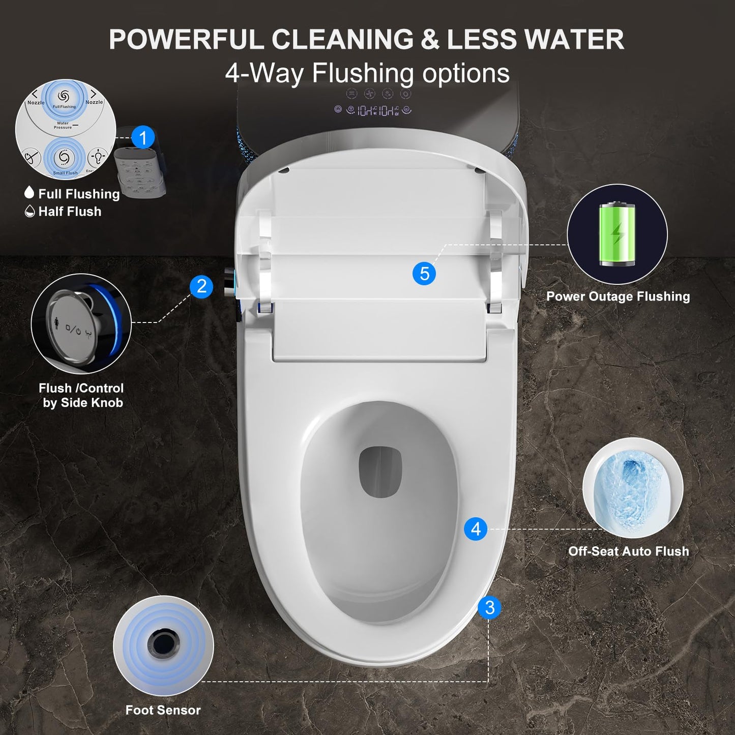 Smart Toilet with Bidet Built In, Modern Tankless Bidet Toilet with Auto Open/Close, Self-cleaning, Instant Warm Water&Dry, Heated Seat, One-Piece Toilet with Night Light, Auto Flush