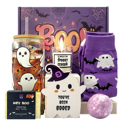 MHSMHL Boo Basket Stuffers for Women, Halloween Gifts for Women, Cute Halloween Boo Basket for Teens Girls Her Sister Friend Adults With Spooky Glass Cups