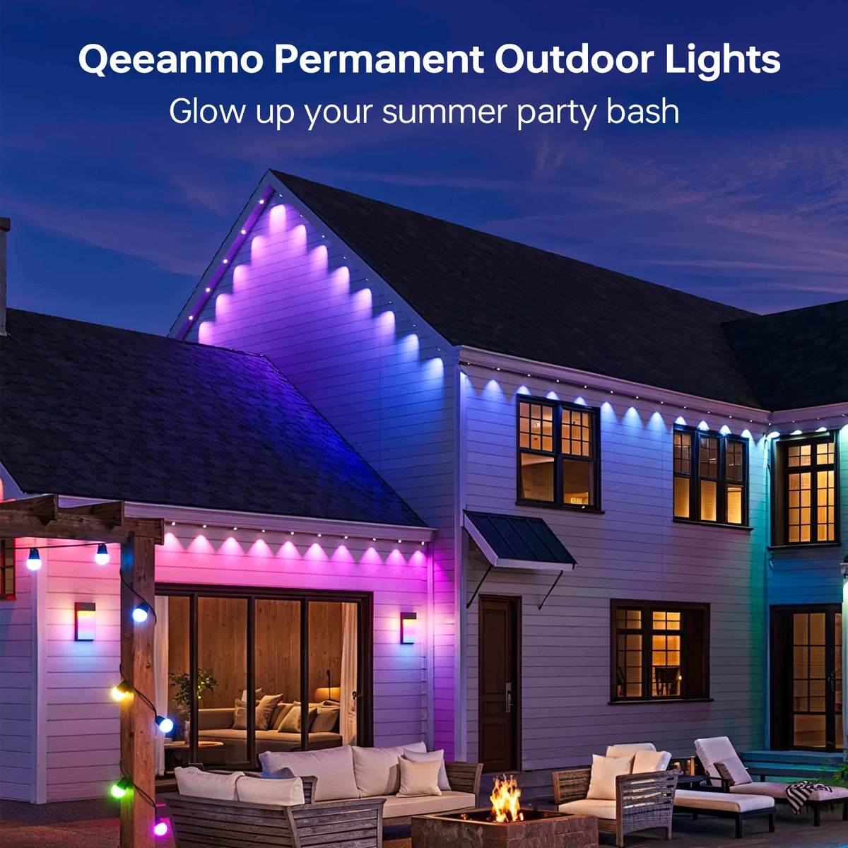 Qeeanmo Permanent Outdoor Lights 100FT RGB+IC Smart String Lights for House, App & Remote Control, Waterproof IP67 LED Eaves Lights, Music Sync, 212 Scene Modes, Outdoor Christmas Patio Roof Decor