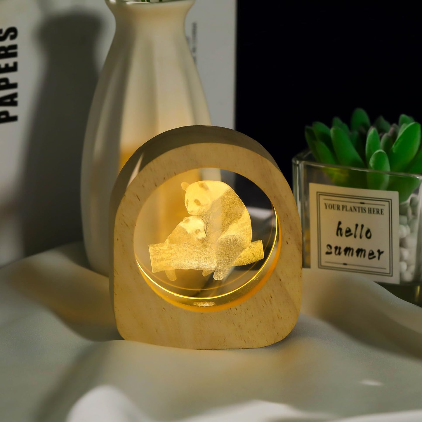 Crystal Panda Gifts for Women Wood Night Light for Home Decor, 3D Engraved Pandas Lamp Collectible Figurines Gifts for Mom Friends Panda Lovers