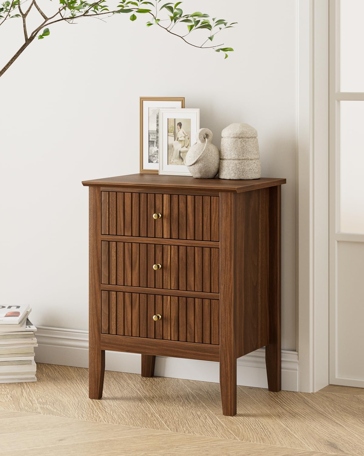 Apetaccat Nightstand Vintage, Fluted Night Stand Tall Farmhouse Beside Table with 3 Drawers, Mid Century Modern Side Accent Table,Bedside End Table for Bedroom, Walnut