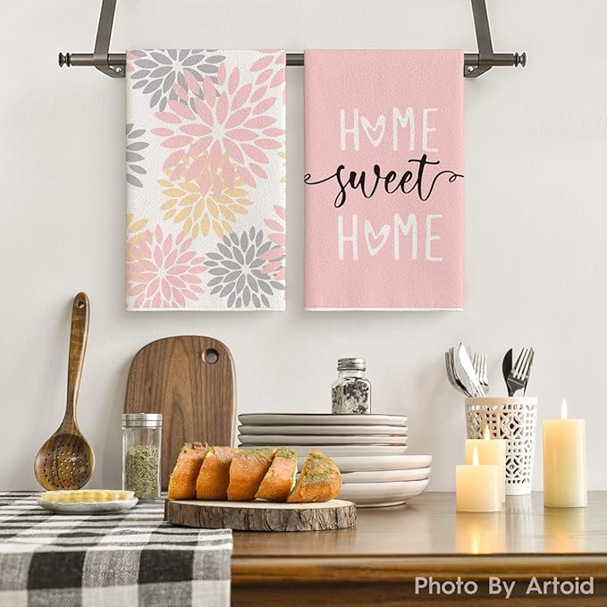 Artoid Mode Pink Stripes Home Sweet Home Boho Kitchen Towels Dish Towels