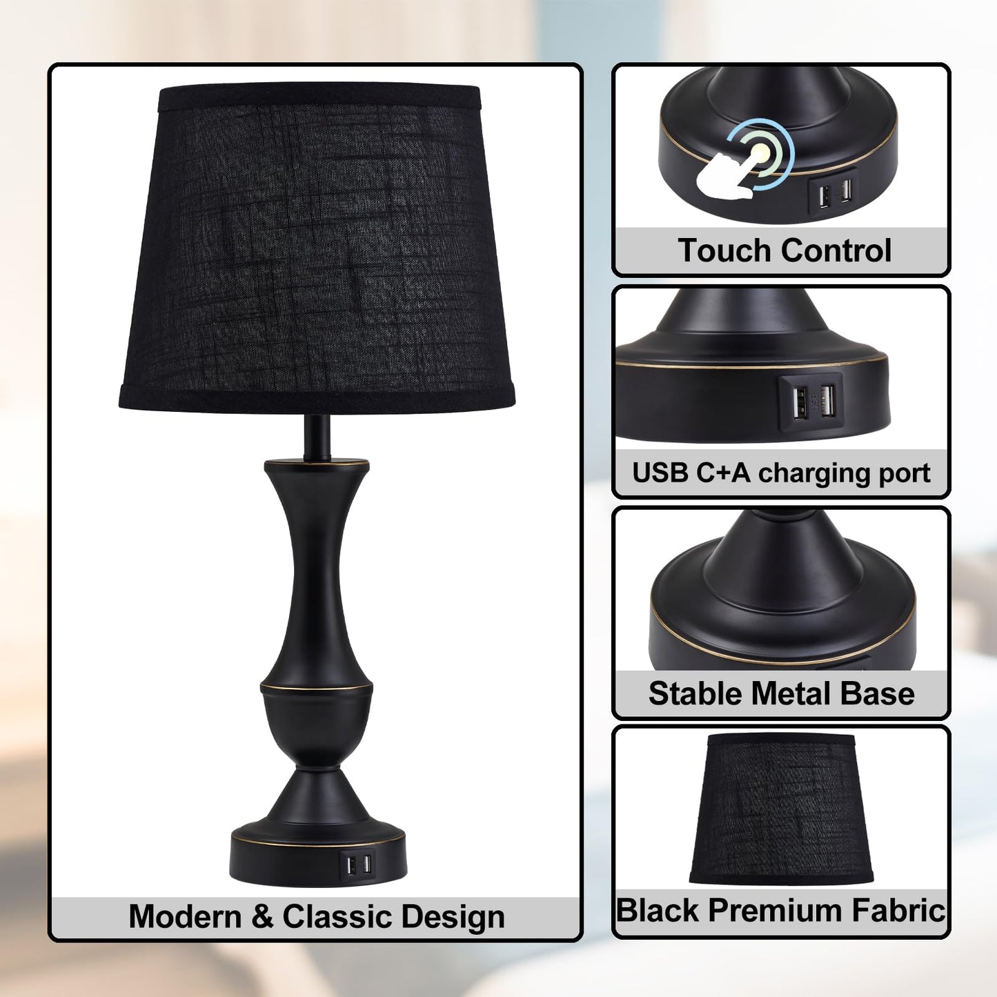 Luvkczc Black Touch Table Lamps Set of 2, 22" Tall Bedside Lamps with USB C+A Charging Ports, Nightstand Lamps for for Bedroom, Living Room, Office, with Black Lampshade, LED Bulb Included
