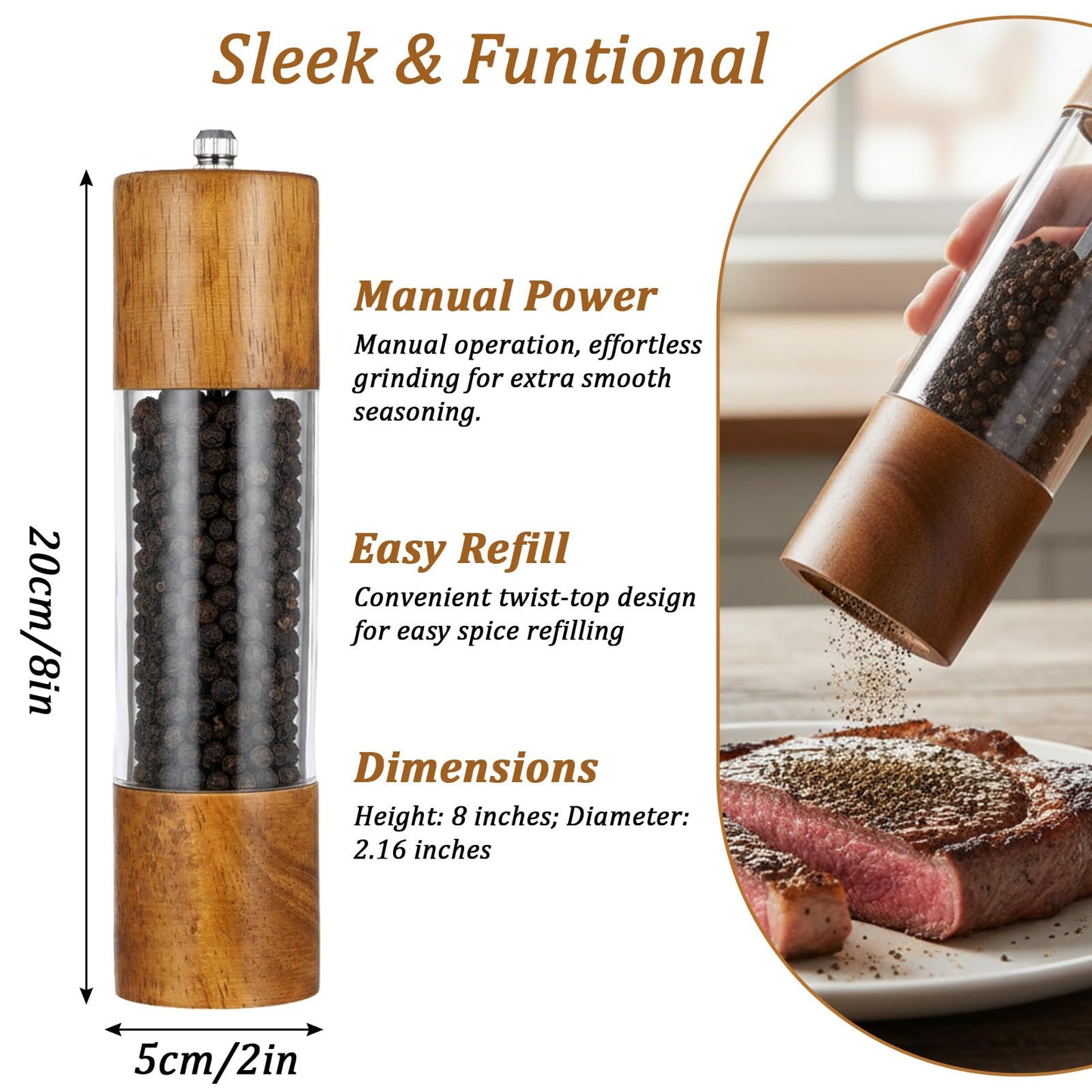 KongTiva 2 Pack 8 Inch Premium Acrylic Salt and Pepper Grinder Set, Manual Salt and Pepper Mills Wooden Shakers with Adjustable Coarseness Ceramic Core