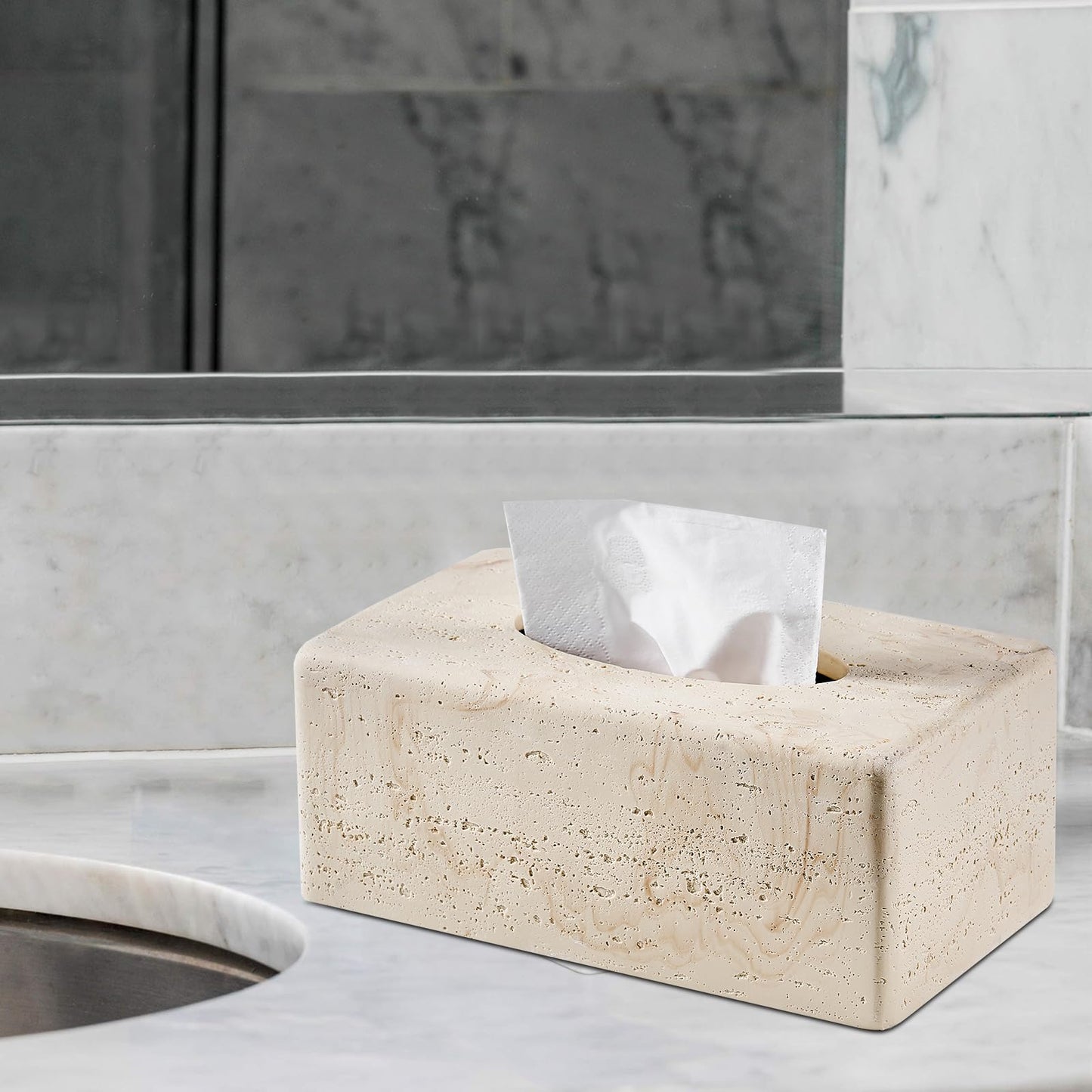 Natural Travertine Textures Tissue Box Cover Rectangular (Only Suitable for Standard Sized Tissue Box) for Decor,Resin Tissue Box for Bathroom Countertop,Bedside,Office（Made of Resin, Height of 4 in