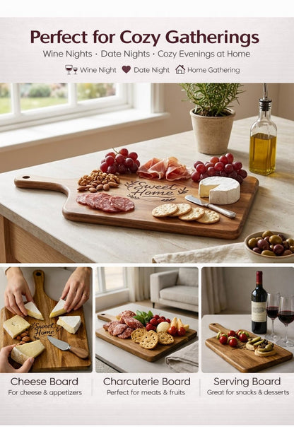 GleeNflux Charcuterie Board Set, 5-Piece Acacia Wood Cheese Board with 4 Cheese Knives, “Sweet Home” Engraved, Gift-Ready for Couples, Housewarming & Wedding