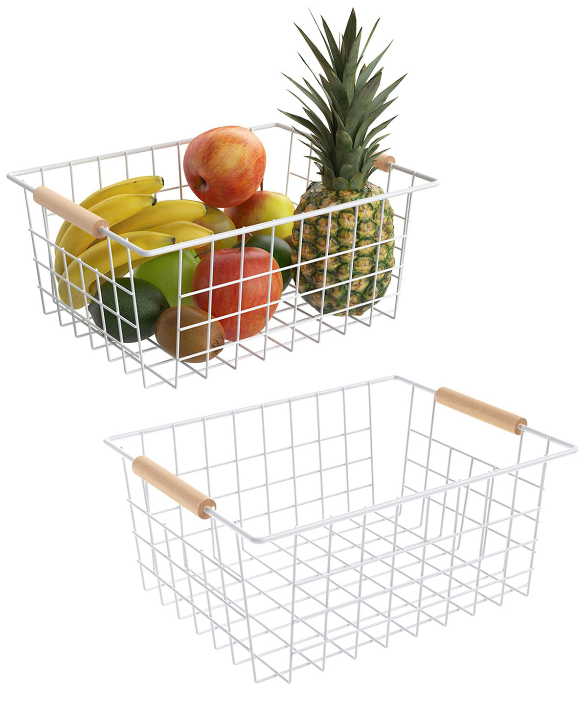 Wire Basket with Wooden Handle, Metal Utility Storage Basket for Organizing Kitchen Pantry Cabinets, Closet and Garage Shelves Drawers, Office Metal Basket Storage Organizer with Handle (White 2 Pack)