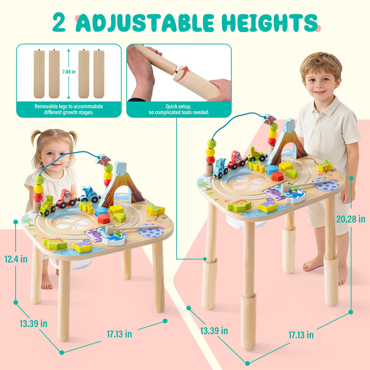 Gewitt Montessori Activity Table for 1 Year Old, 9-in-1 Wooden Activity Table with Adjustable Height, Train, Shape Sorter, Xylophone, Baby Sensory Educational Learning Toys, Birthday Gift (Dinosaur)