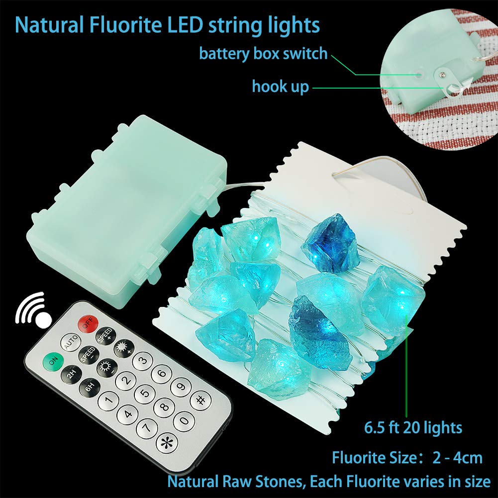 BOHON Natural Fluorite String Lights Battery Operated with Remote Sea Glass Raw Stones Decorative Lights 6.5ft 20 LEDs for Bedroom Party Indoor Christmas Wedding Decor