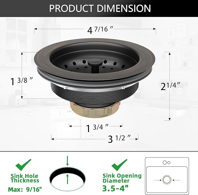 Kitchen Sink Drain Bronze 3-1/2 Inch Stainless Steel Kitchen Drain Strainer
