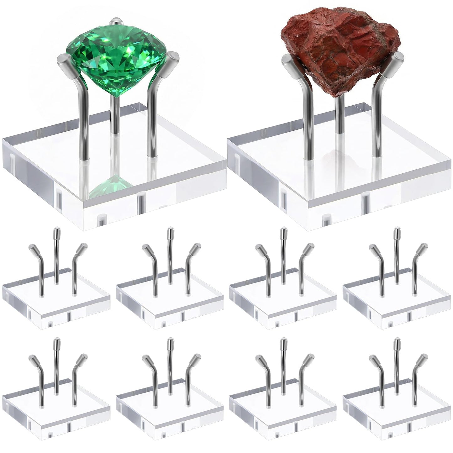 Oqqlin 10 Pcs 3 Metal Peg Rock Display, Crystal Display Stand with Clear Acrylic Base Metal Pegs Fossil Stand Easel for Rocks, Crystal, Mineral, Geodes, Decorative Balls (2 x 2 Inch)