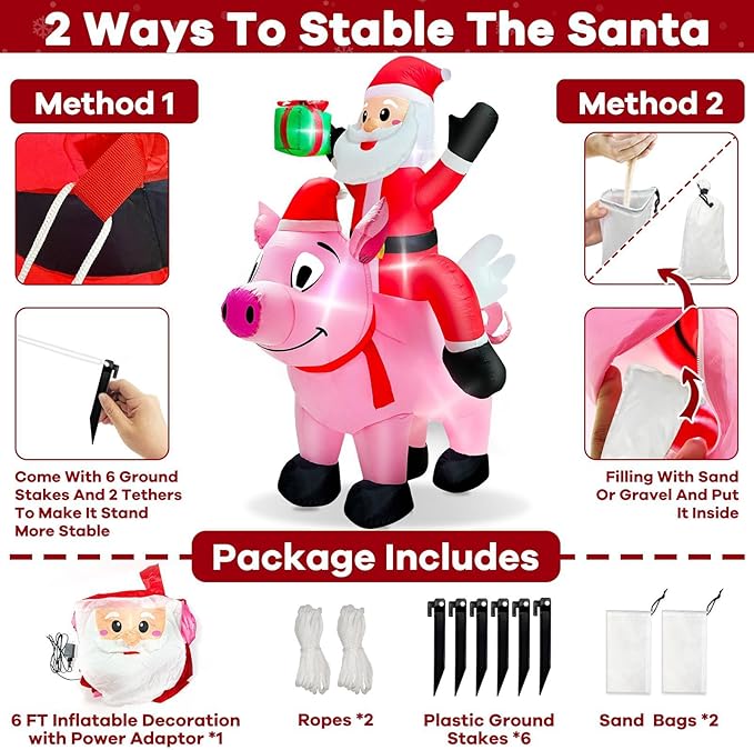 6 Ft Christmas Inflatable Outdoor Decoration, Blow Up Santa Claus Riding Flying Pig with Built in LEDs Lights,Christmas Inflatables with Gift Box for Farm Yard Garden Lawn Outside Indoor Holiday Party
