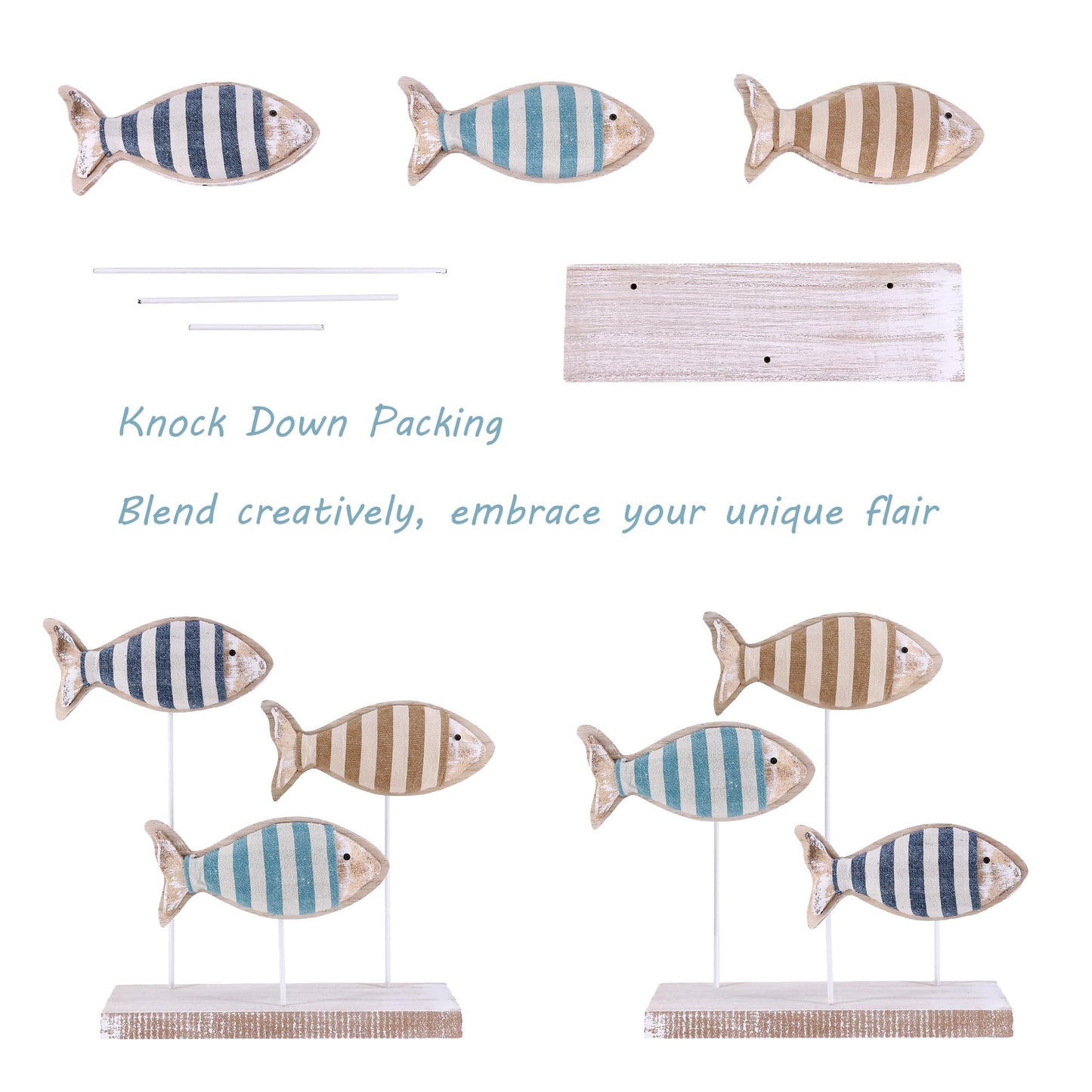 NAUTIMALL Wooden Fish Figurines with Jute Rope and Cotton String, Fish Sculpture Statues for Home Decoration, Table Top Nautical Decor for Living Room, Bedroom, Beachhouse Home Decor (StripedFish-3)