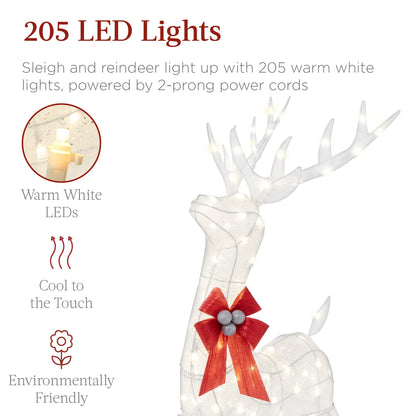 Best Choice Products Lighted Christmas 4ft Reindeer & Sleigh Holiday Outdoor Yard Decoration Set w/ 205 LED Lights, Stakes, Zip Ties - White