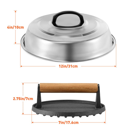 BBQ Accessories 12 Inch Round Stainless Steel Basting Cover - Cheese Melting Dome Round Cast Iron Grill Press Kit for Hamburger Bacon Steak, Best fits for Blackstone Camp Chef Flat Top Griddle Grill