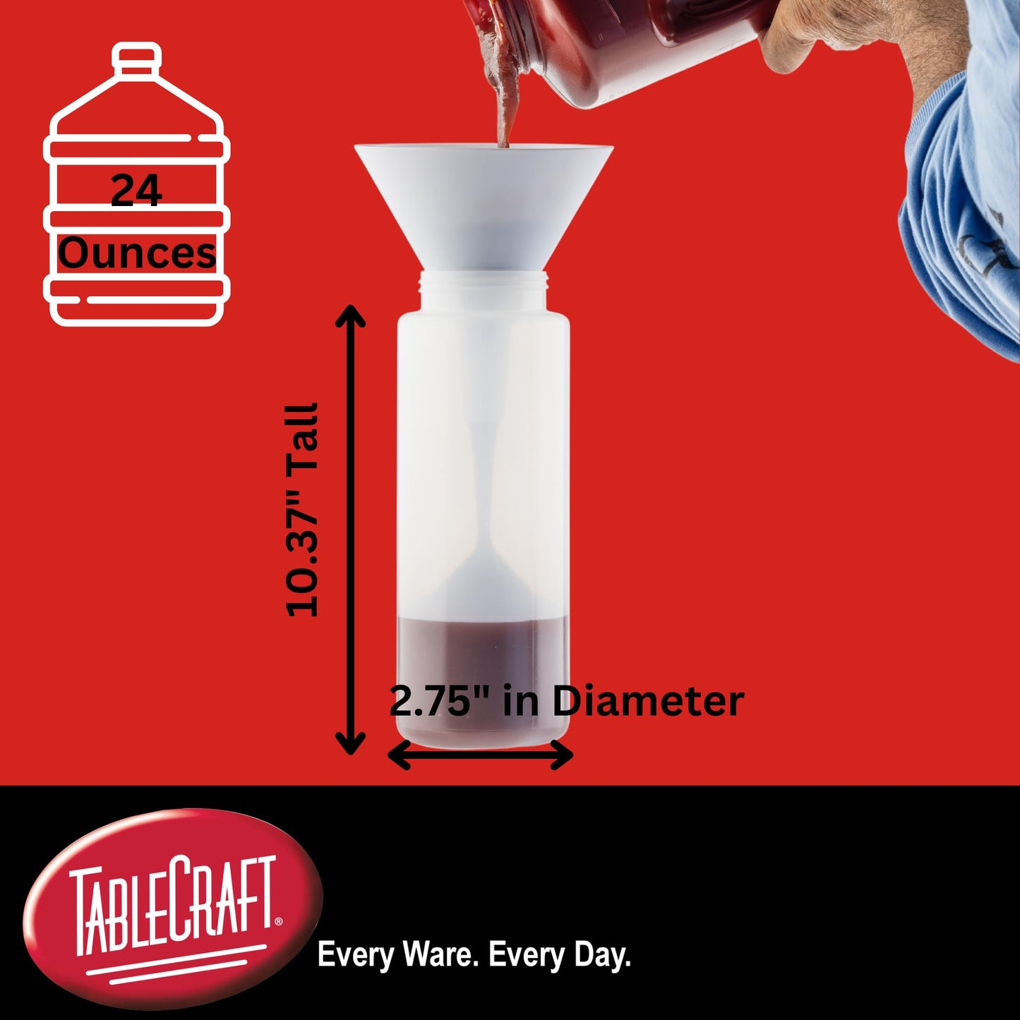 TableCraft 12633 Widemouth Condiment Squeeze Bottles, 63 mm Opening, Cone-Tip Top, Tethered Cap, Clear Sauce Dispensers for Food Prep, 24 oz (710 mL), NSF, Made in USA, Pack of 6,2.75"x2.75"x10.375"