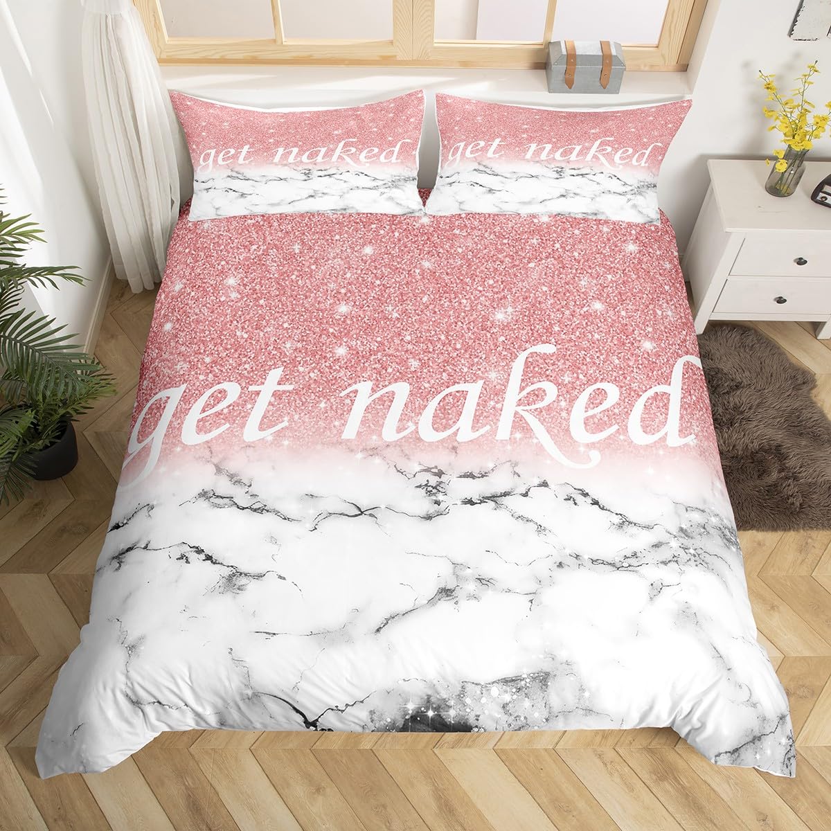 Get Naked Bedding Set King Size Marble Ombre Kids Comforter Cover Set for Boys Girls Women Girly Pink Gradient Glitter Duvet Cover Funny Quotes Bed Set Pink Grey White Room Decor (No Comforter)