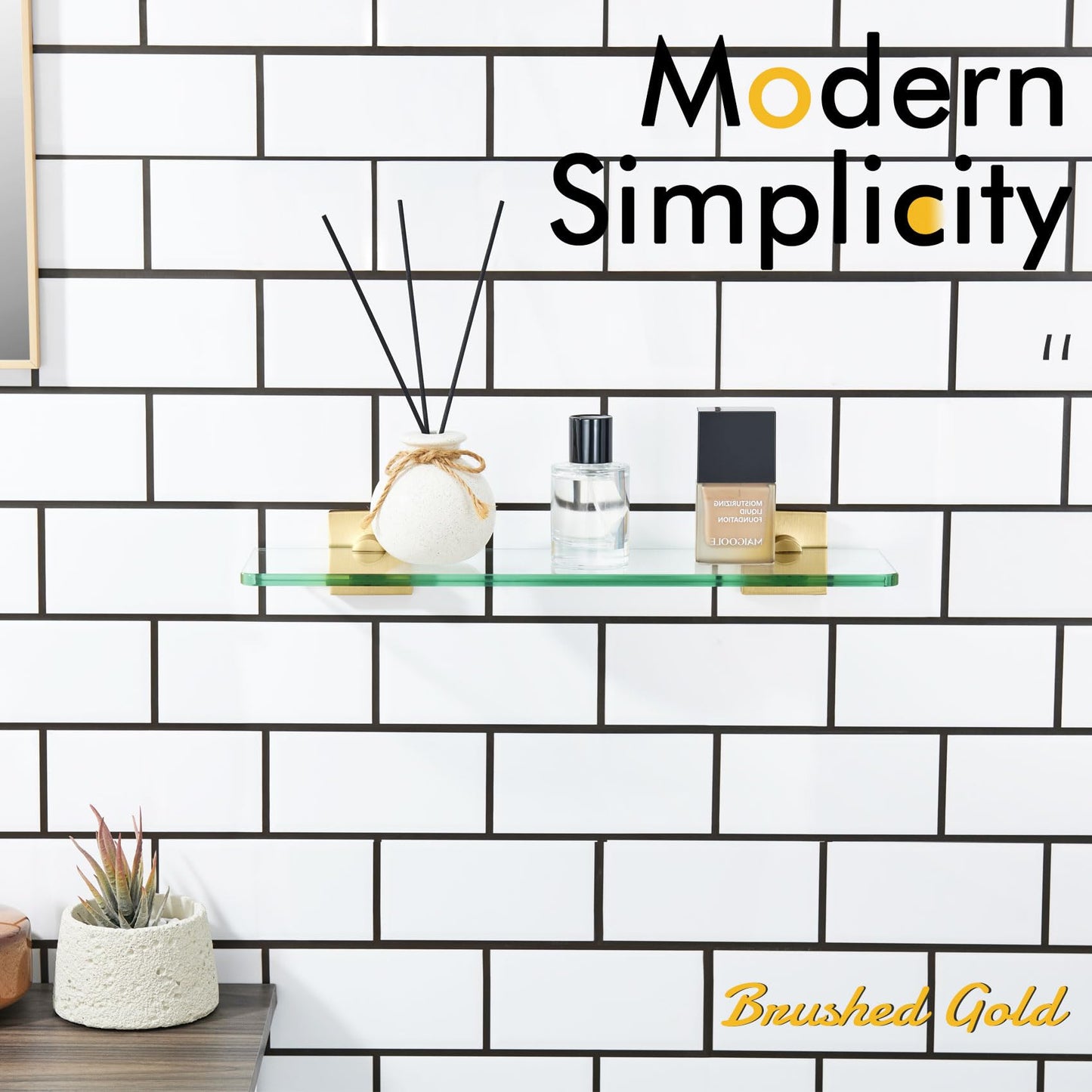 KOKOSIRI Floating Wall Shelf 16-Inch Bathroom Tempered Glass Shelves Shower Hanging Rack for Kitchen Storage Home Decor, Gold Stainless Steel B1107BG-L16