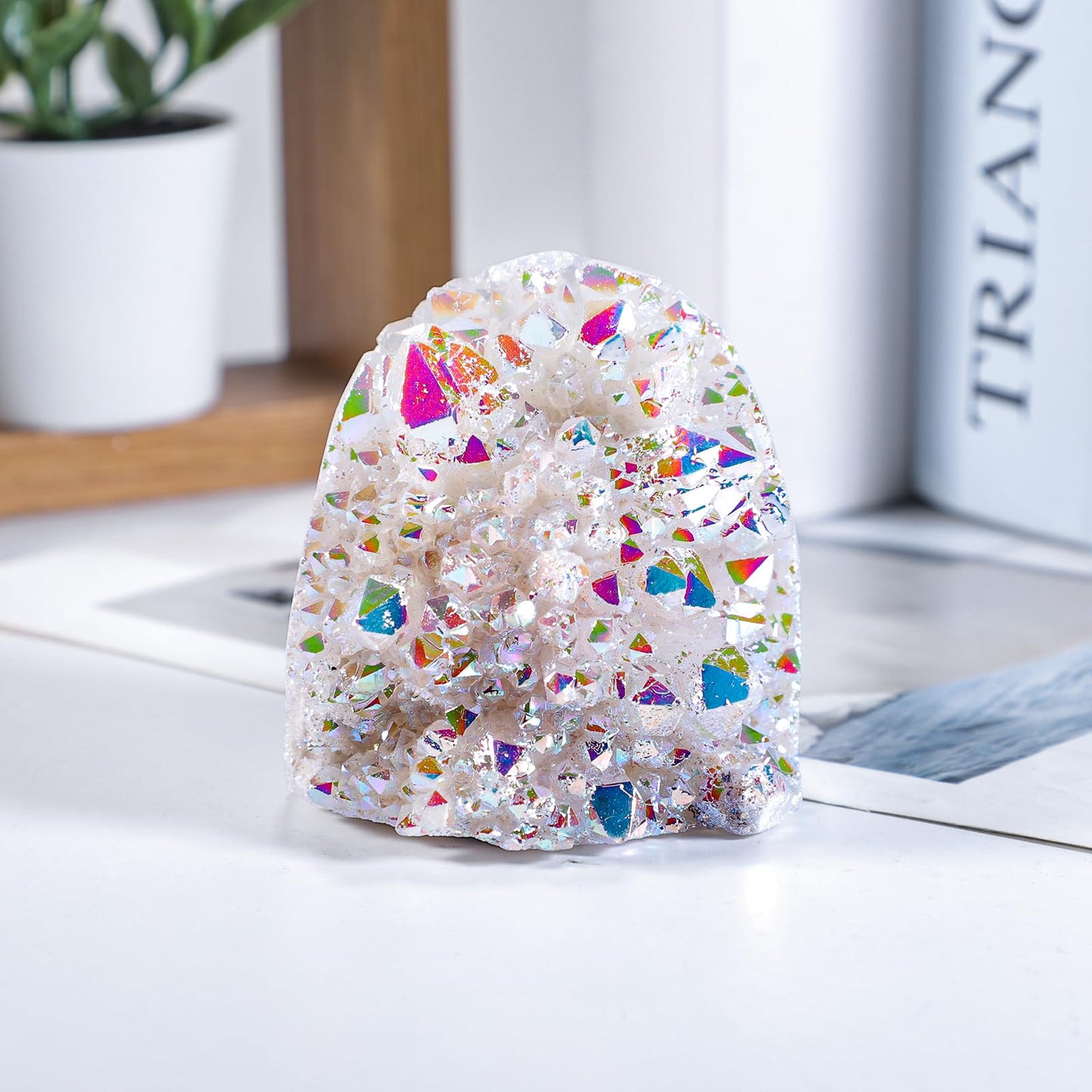 mookaitedecor Angel Aura Quartz Geode Crystal Cluster Specimen, Titanium Coated Rock Crystal Stone Mineral for Home Decor & Collector's Gift 0.44-0.66 LB, White