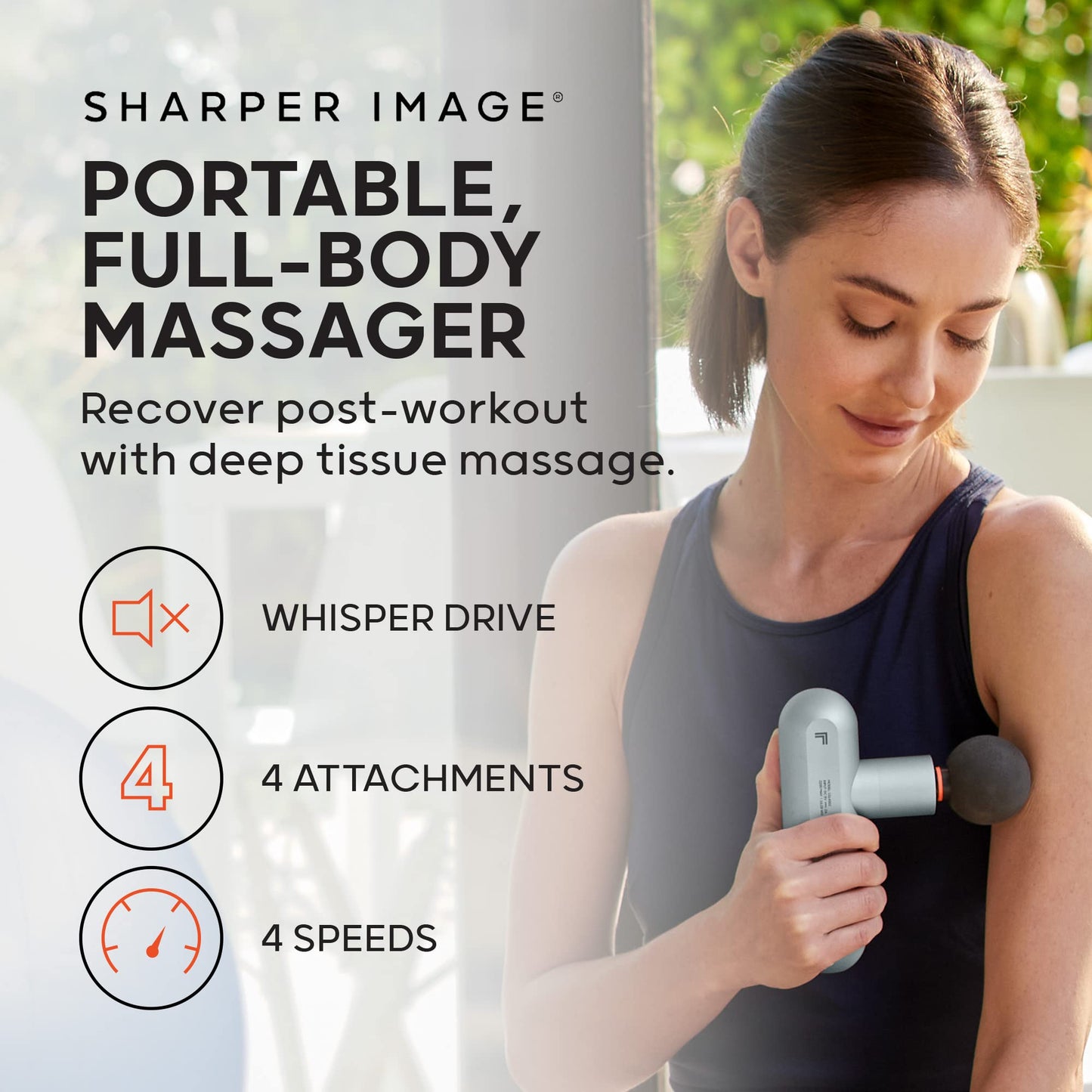 Sharper Image Percussion Massage Gun, Powerboost Move, Lightweight & Portable, 4 Attachments, 4 Speeds, Full Body Back & Shoulder Massager for Deep Tissue Muscle Recovery, Pain Relief & Soreness