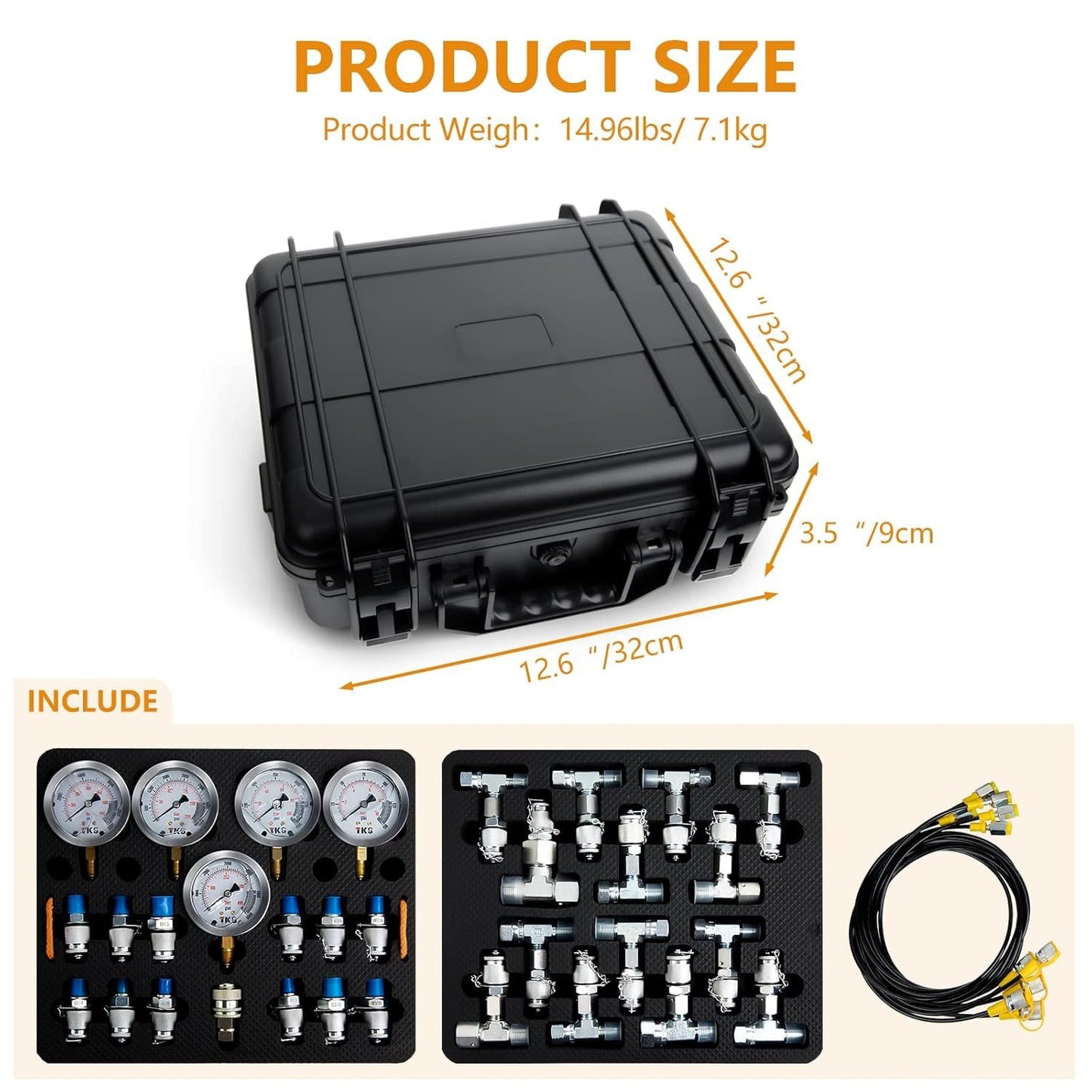 Hydraulic Pressure Test Kit，600bar /8700psi / 60mpa 5 Gauges 13 Test Couplings 14 Tee Connectors 5 Test Hoses, Hydraulic Gauge Kit Sturdy Carrying Case for Excavator Construction Machinery Ships Mine