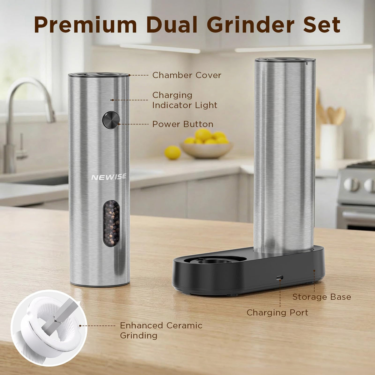 Newise Electric Salt and Pepper Grinder Set - Charging Base, Automatic Rechargeable Pepper Mill with Adjustable Coarseness, LED Lights, Large Capacity, Kitchen Appliance for Mom Wife