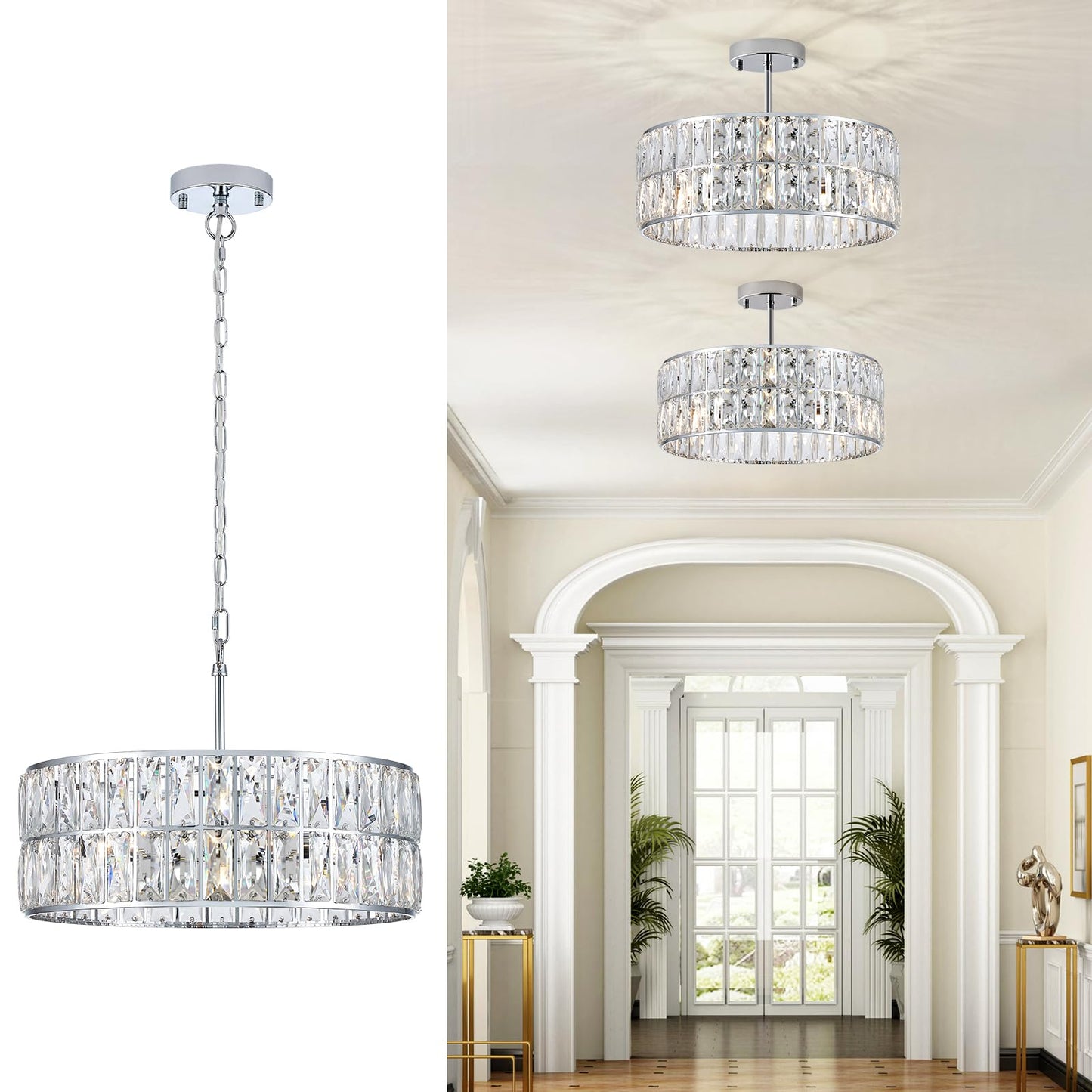 CATINER Modern Crystal Chandelier 18”Chrome Semi Flush Mount Ceiling Light Fixtures 6-Lights Drum Crystal Pendant Lighting for Dining Room Foyer Bedroom Living Room