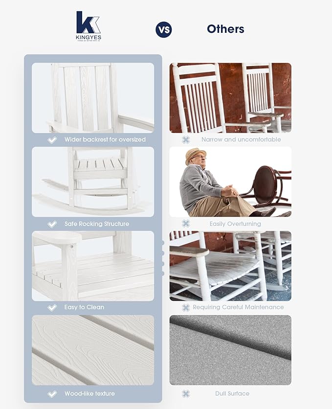 KINGYES Oversized Outdoor Rocking Chair Set of 4, All-Weather Patio Rocking Chairs for Porch, HDPE Outdoor Patio Rockers with High Back & Wide Seat for Garden, Lawn, White