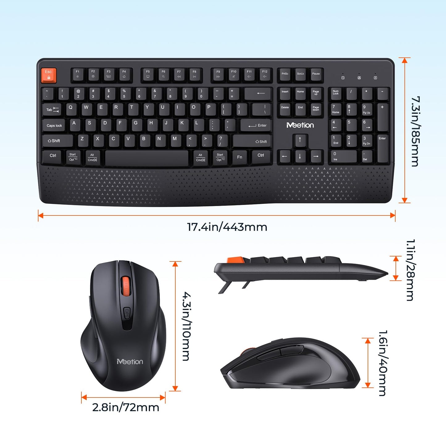 MEETION Wireless Keyboard and Mouse, Full-Sized Cordless Keyboard with Wrist Rest and 3 DPI Adjustable Mouse, Keyboard and Mouse Set with 2.4GHz USB Receiver, for PC/Computer/Laptop/Windows/Mac, Pink
